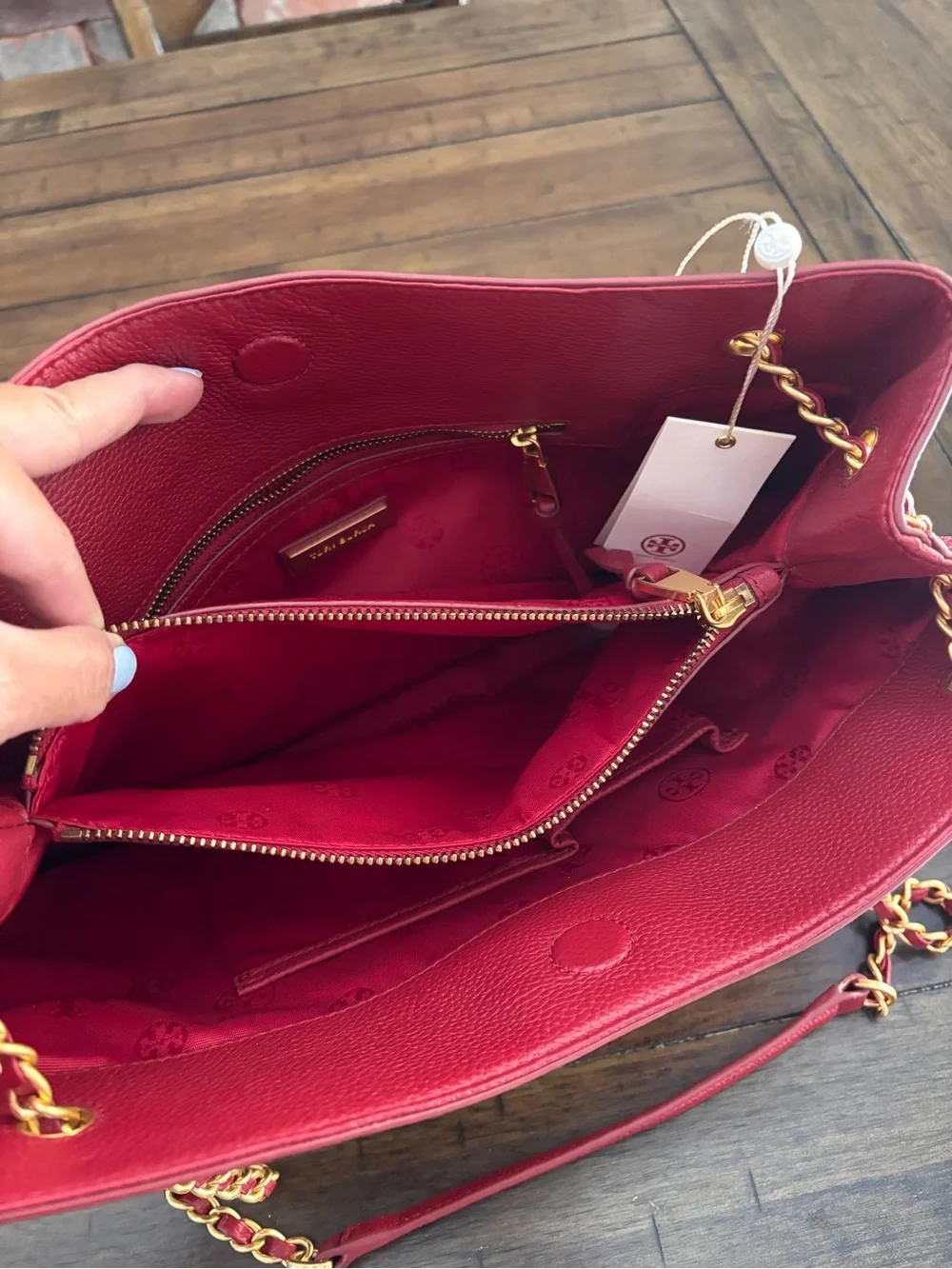 Tory Burch Red Leather Shoulder Bag with Gold Chain Detail